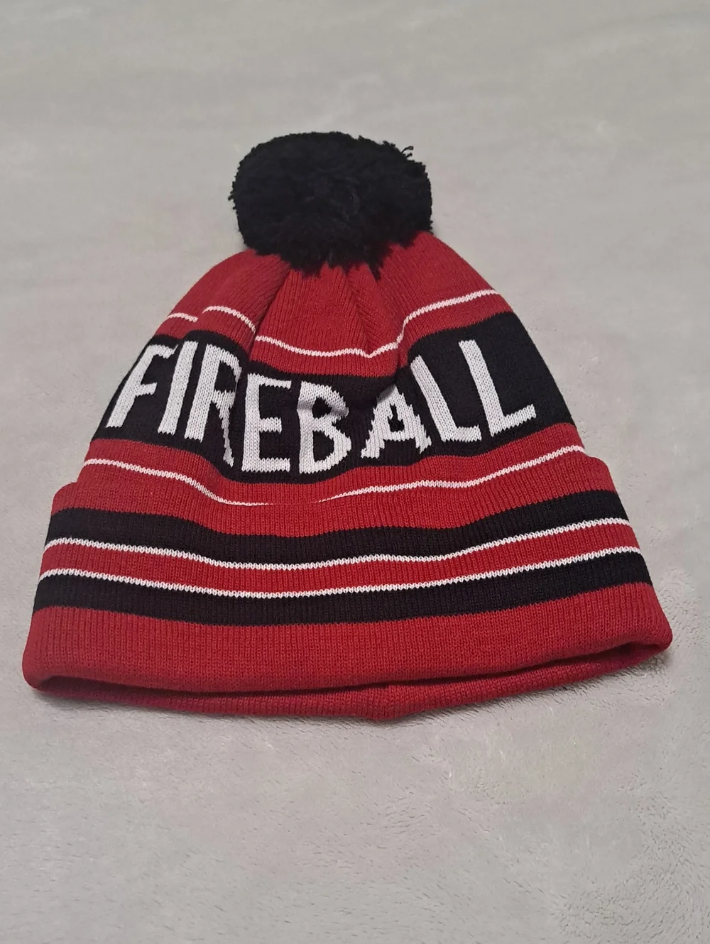 Red Cinnamon Whiskey 'Fireball' Pom Beanie Hat with Black Pom New in Packaging
